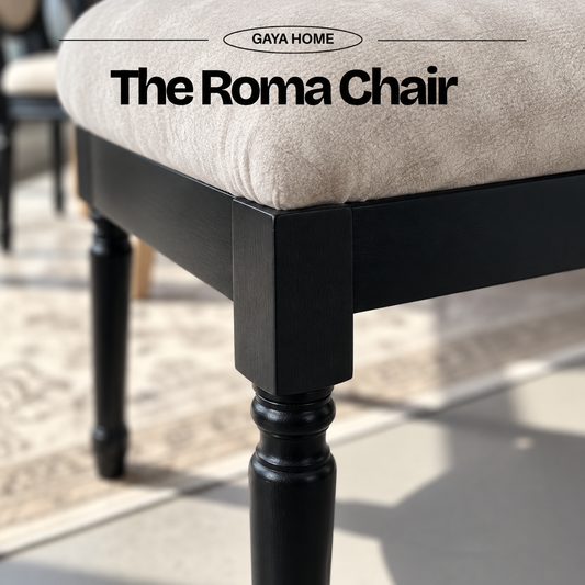 Close-up of Roma chair upholstery, seat frame and turned front leg