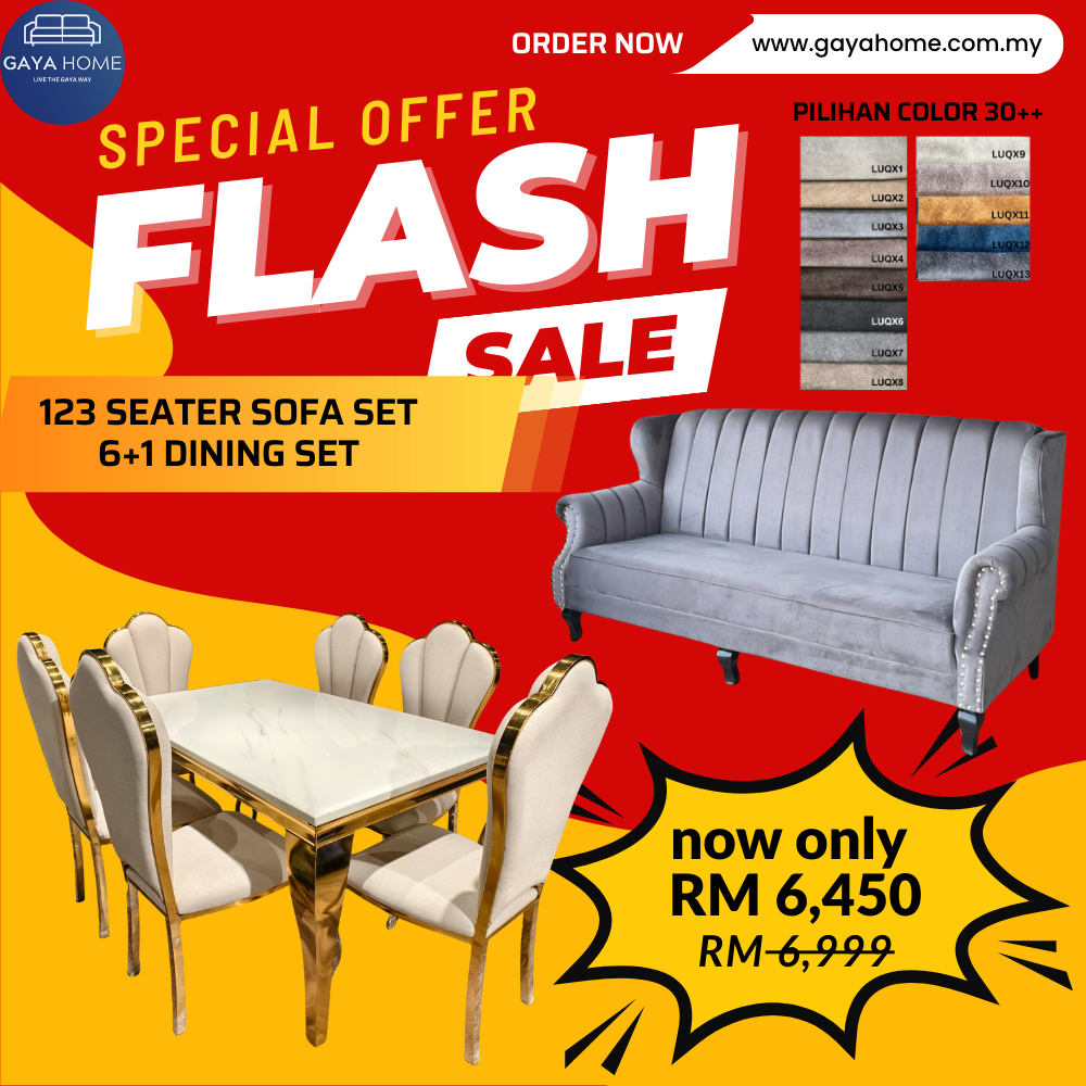⚡ COMBO PROMO GILER! Living + Dining Furniture Set | L-Shape Sofa + 6 Chair Dining | Jimat Banyak Bundle