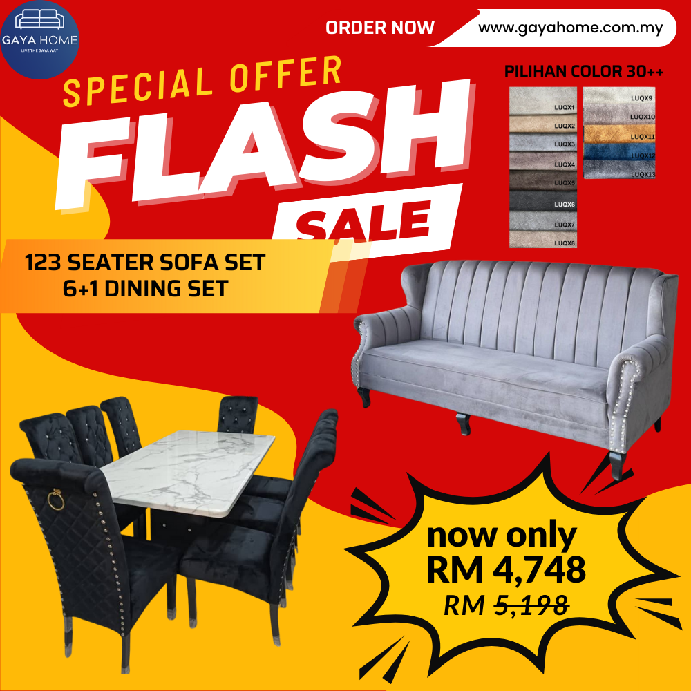 ⚡ COMBO PROMO GILER! Living + Dining Furniture Set | L-Shape Sofa + 6 Chair Dining | Jimat Banyak Bundle