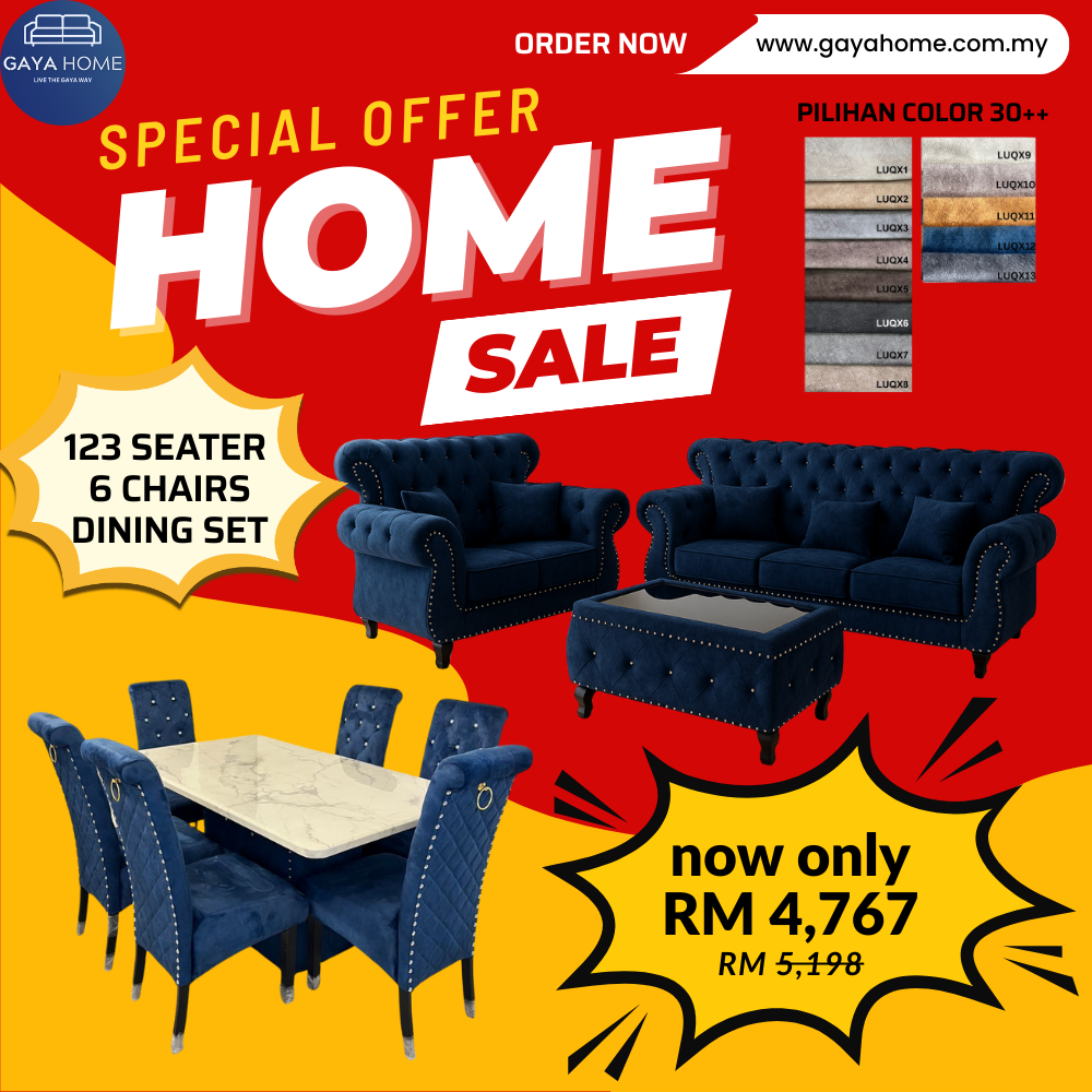 ⚡ COMBO PROMO GILER! Living + Dining Furniture Set | L-Shape Sofa + 6 Chair Dining | Jimat Banyak Bundle