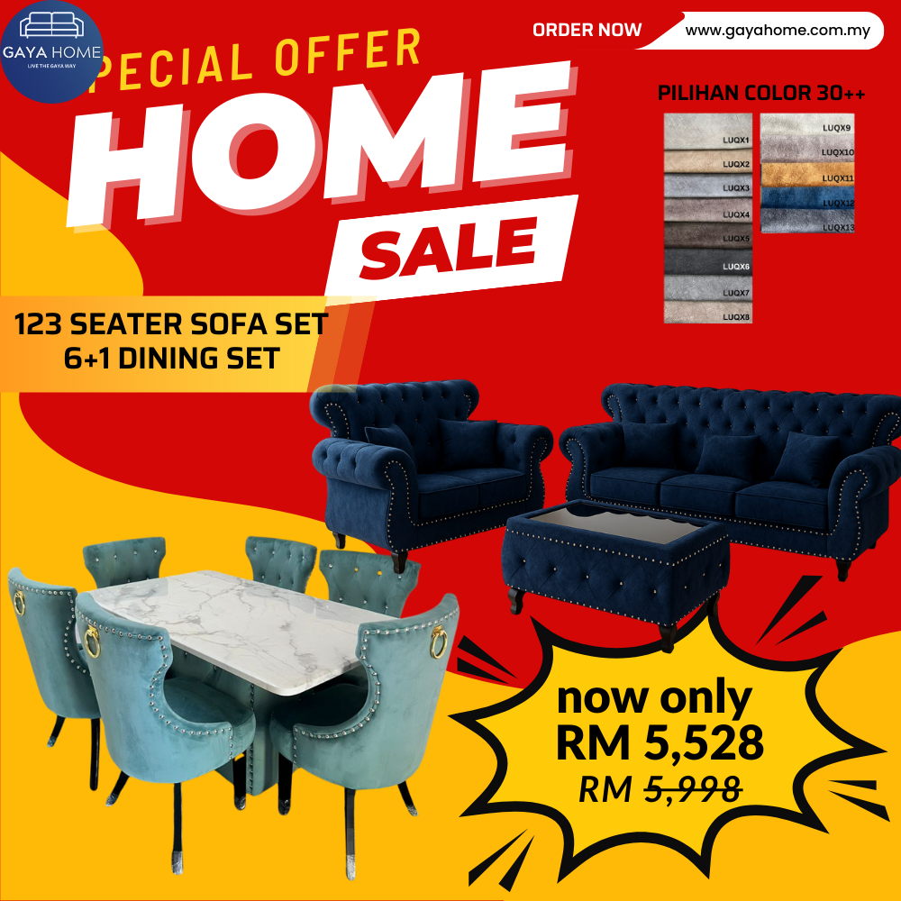 ⚡ COMBO PROMO GILER! Living + Dining Furniture Set | L-Shape Sofa + 6 Chair Dining | Jimat Banyak Bundle