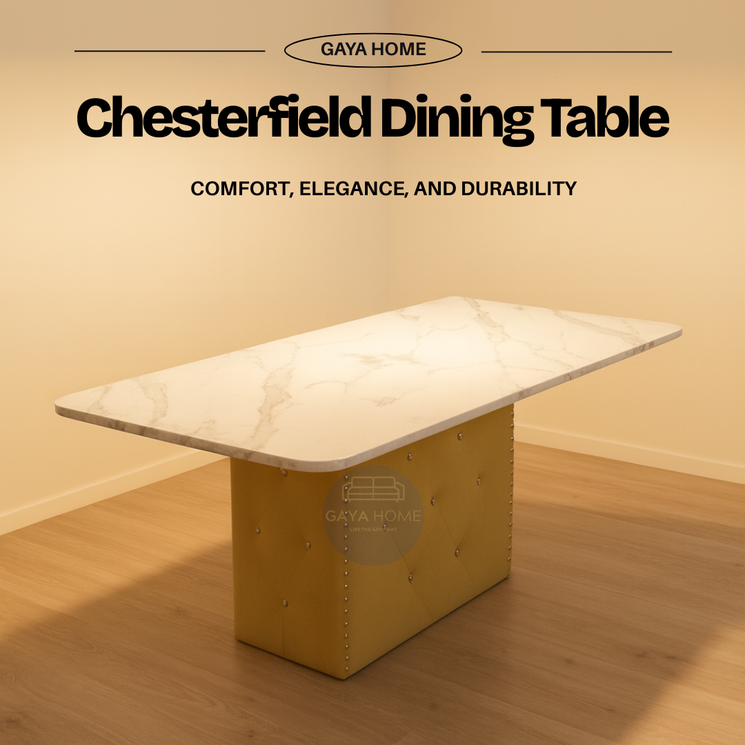 Classic Shell Dining Set | Premium Marble Top & Chesterfield Tufted Pedestal Table
