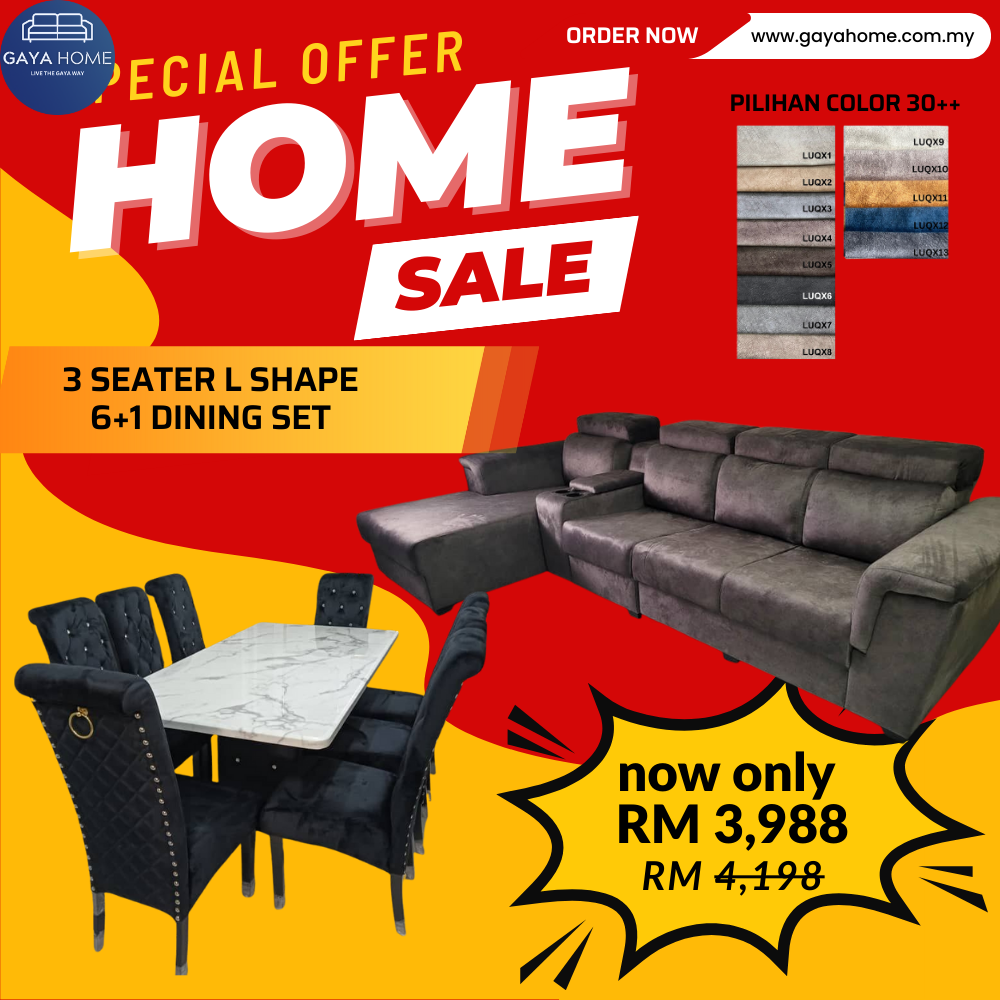 ⚡ COMBO PROMO GILER! Living + Dining Furniture Set | L-Shape Sofa + 6 Chair Dining | Jimat Banyak Bundle