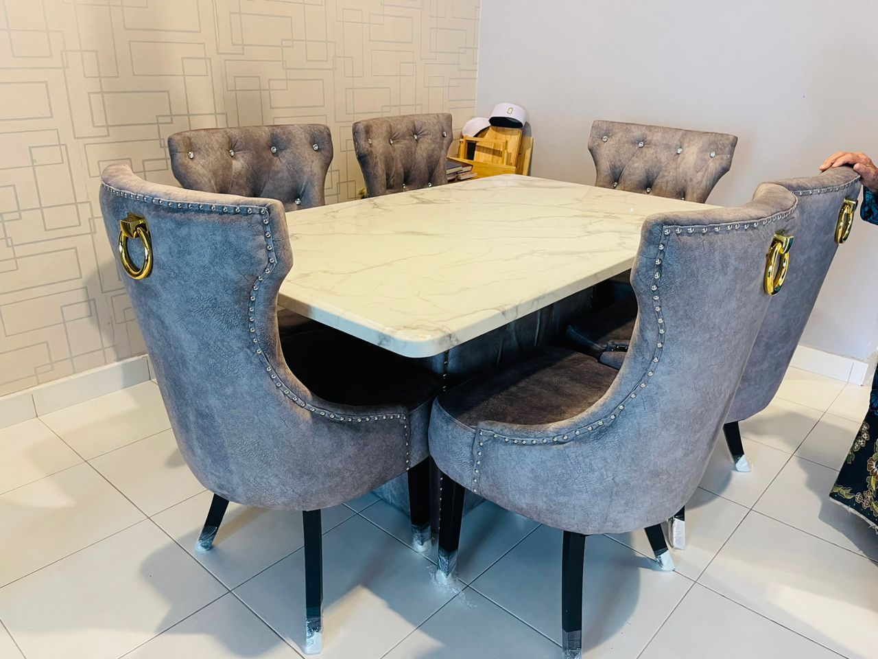Elegant Butterfly Marble Dining Set with Luxurious Velvet Chairs - Gaya Home