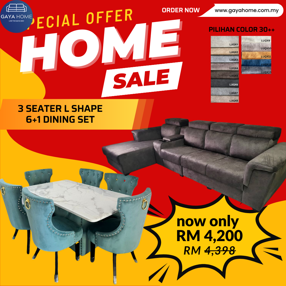 ⚡ COMBO PROMO GILER! Living + Dining Furniture Set | L-Shape Sofa + 6 Chair Dining | Jimat Banyak Bundle