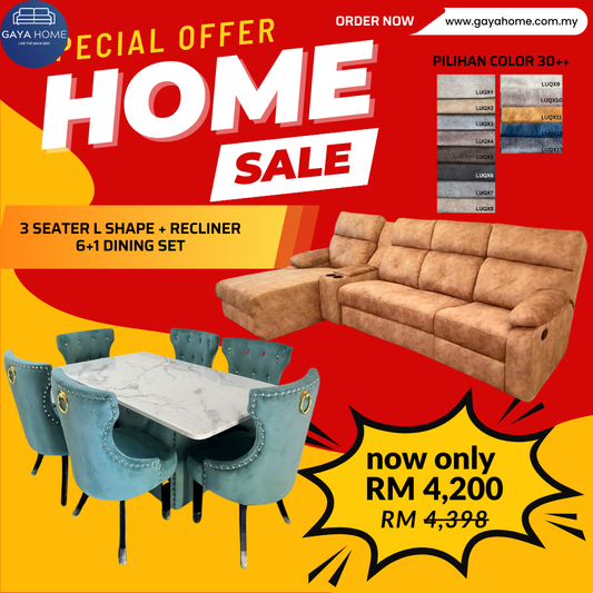 ⚡ COMBO PROMO GILER! Living + Dining Furniture Set | L-Shape Sofa + 6 Chair Dining | Jimat Banyak Bundle