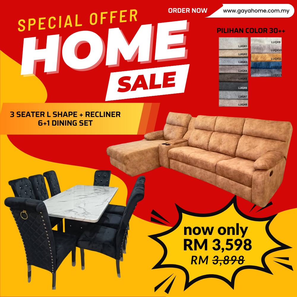 ⚡ COMBO PROMO GILER! Living + Dining Furniture Set | L-Shape Sofa + 6 Chair Dining | Jimat Banyak Bundle