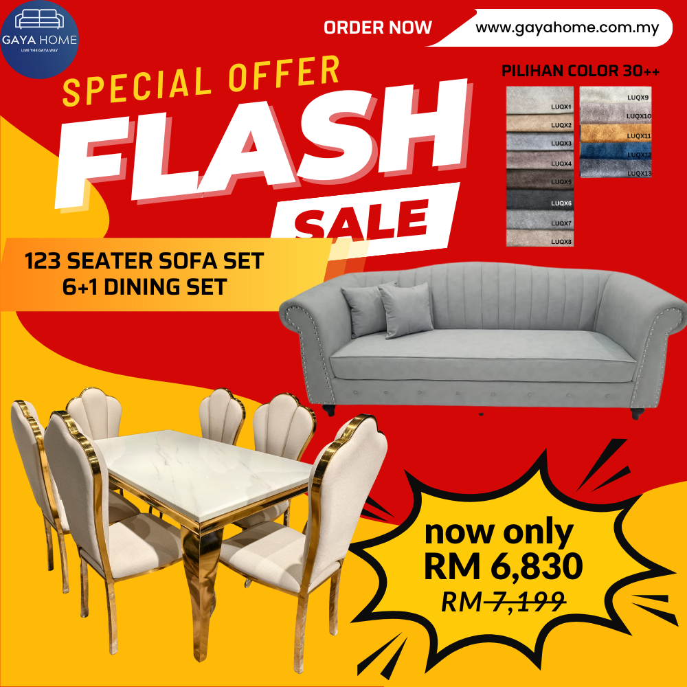 ⚡ COMBO PROMO GILER! Living + Dining Furniture Set | L-Shape Sofa + 6 Chair Dining | Jimat Banyak Bundle