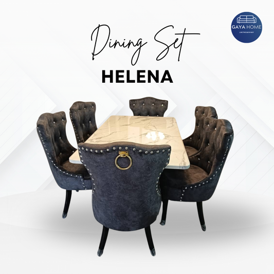 Dining set with chairs and table labeled 'HELENA' on a white background with Gaya Home logo.