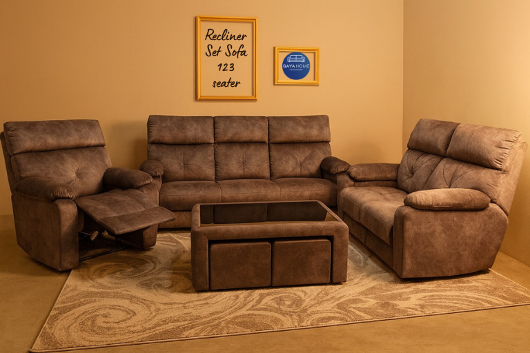 Brown recliner sofa set with a coffee table on a beige carpet in a room.