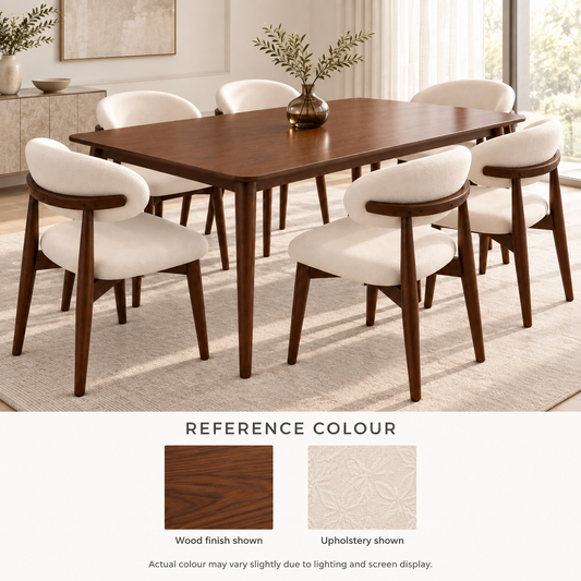 Koda Kayo dining set with reference swatches for the brown wood finish and cream upholstery