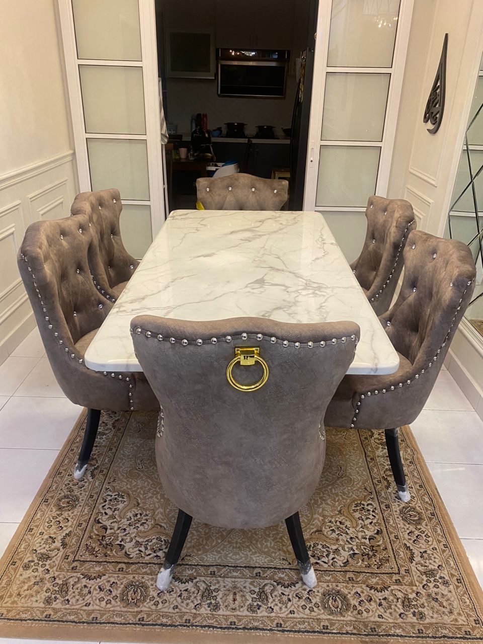 Helana Marble Dining Set with Luxurious Velvet Chairs - Gaya Home
