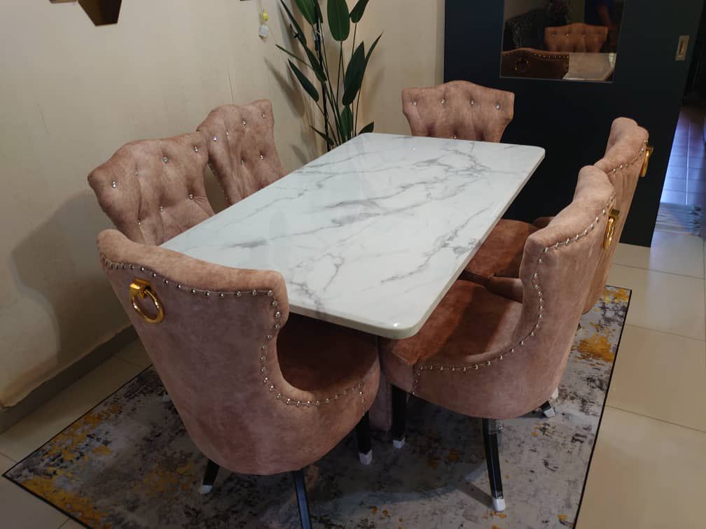 Helana Marble Dining Set with Luxurious Velvet Chairs - Gaya Home