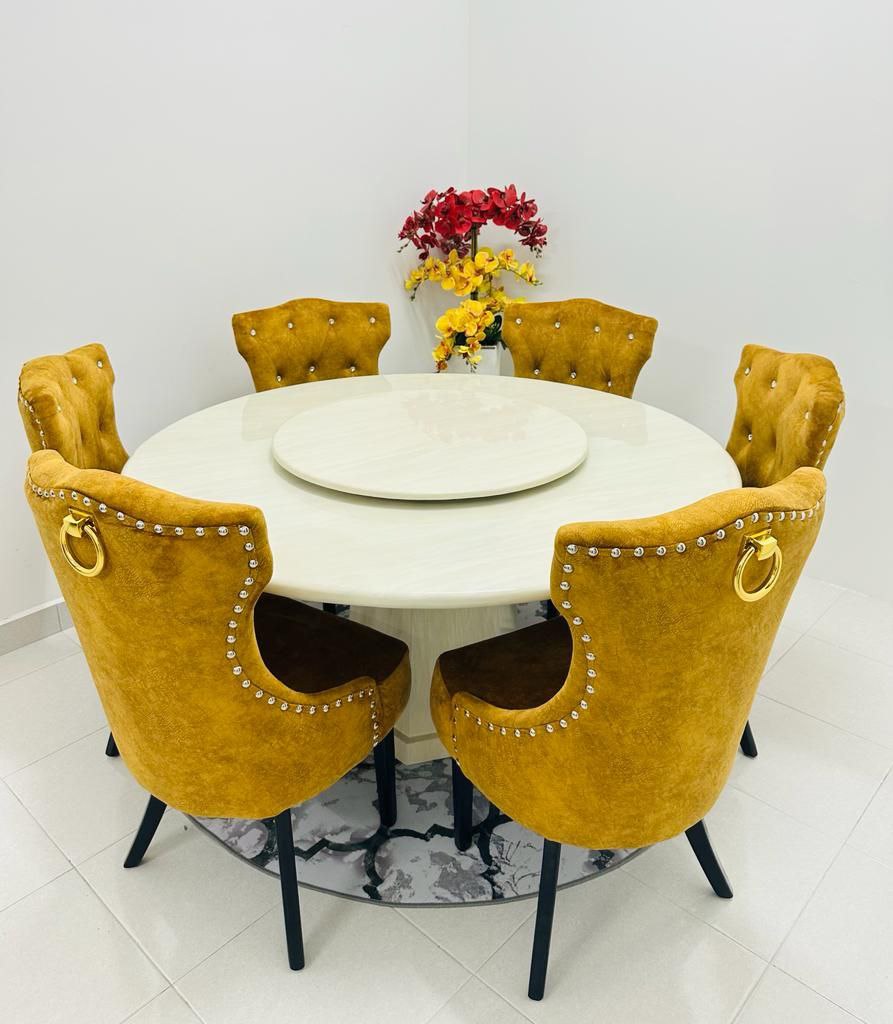 Helana Marble Dining Set with Luxurious Velvet Chairs - Gaya Home