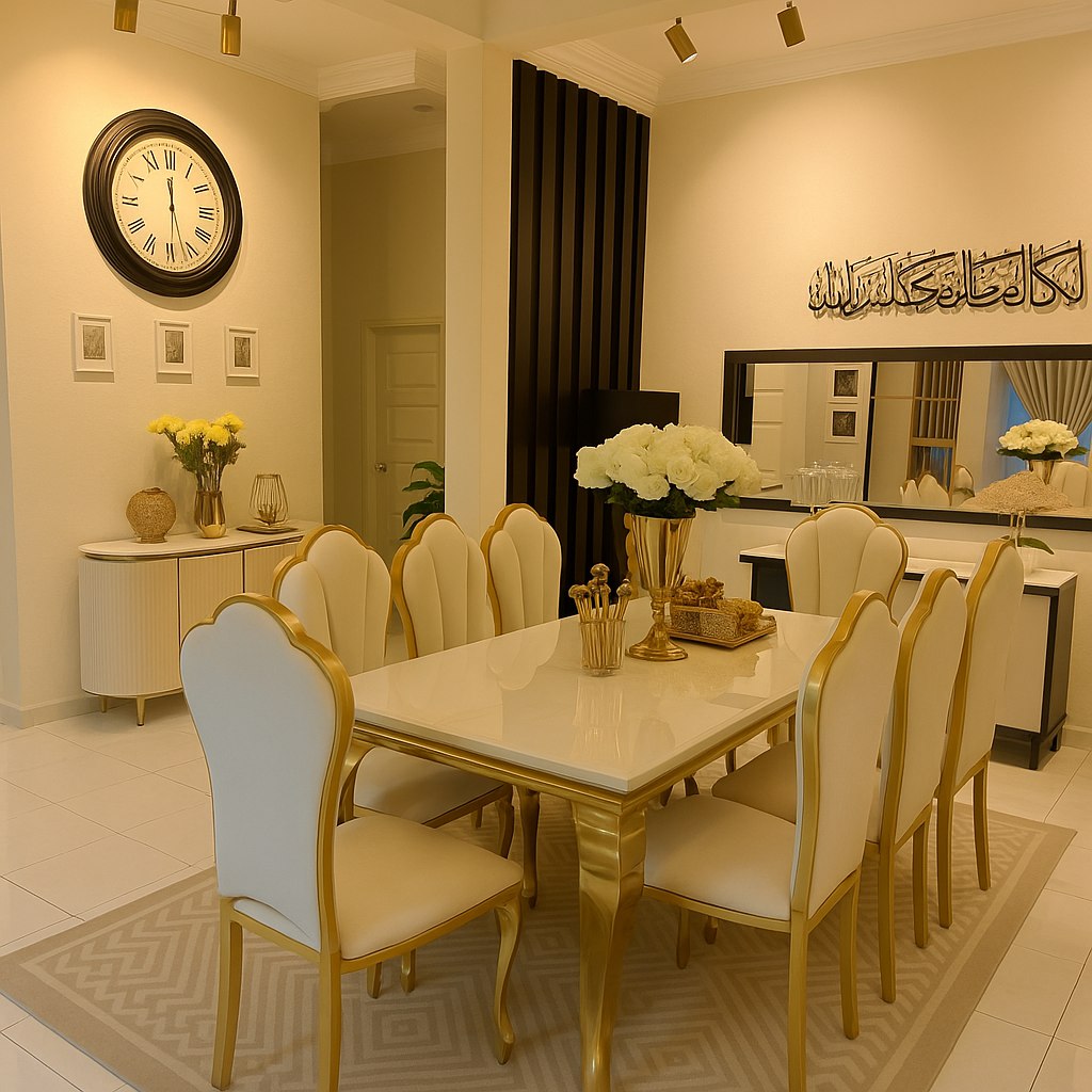 Dining room with a table and chairs, clock on the wall, and decorative elements.
