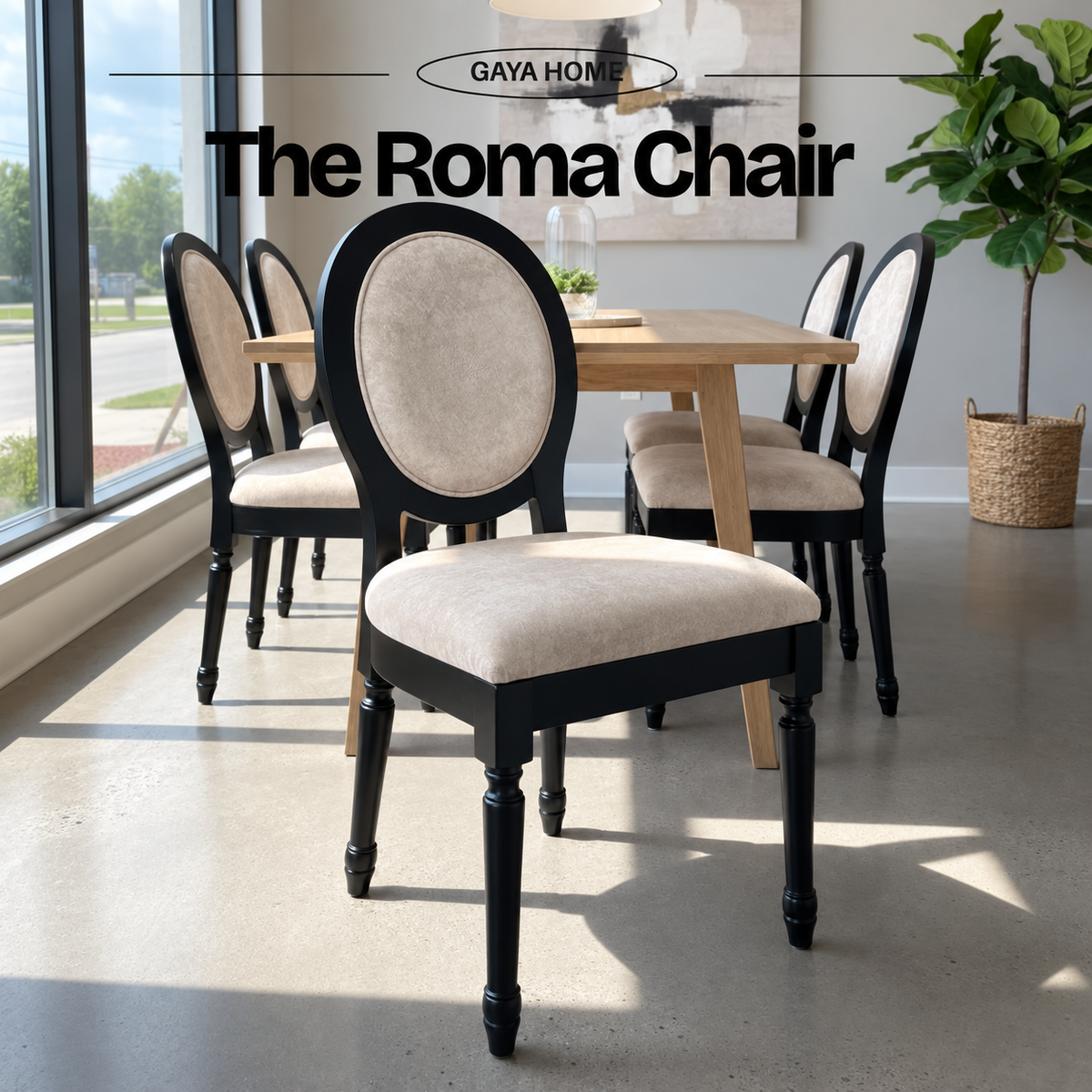Roma oval-back dining chair with cream upholstery and a dark frame beside a table