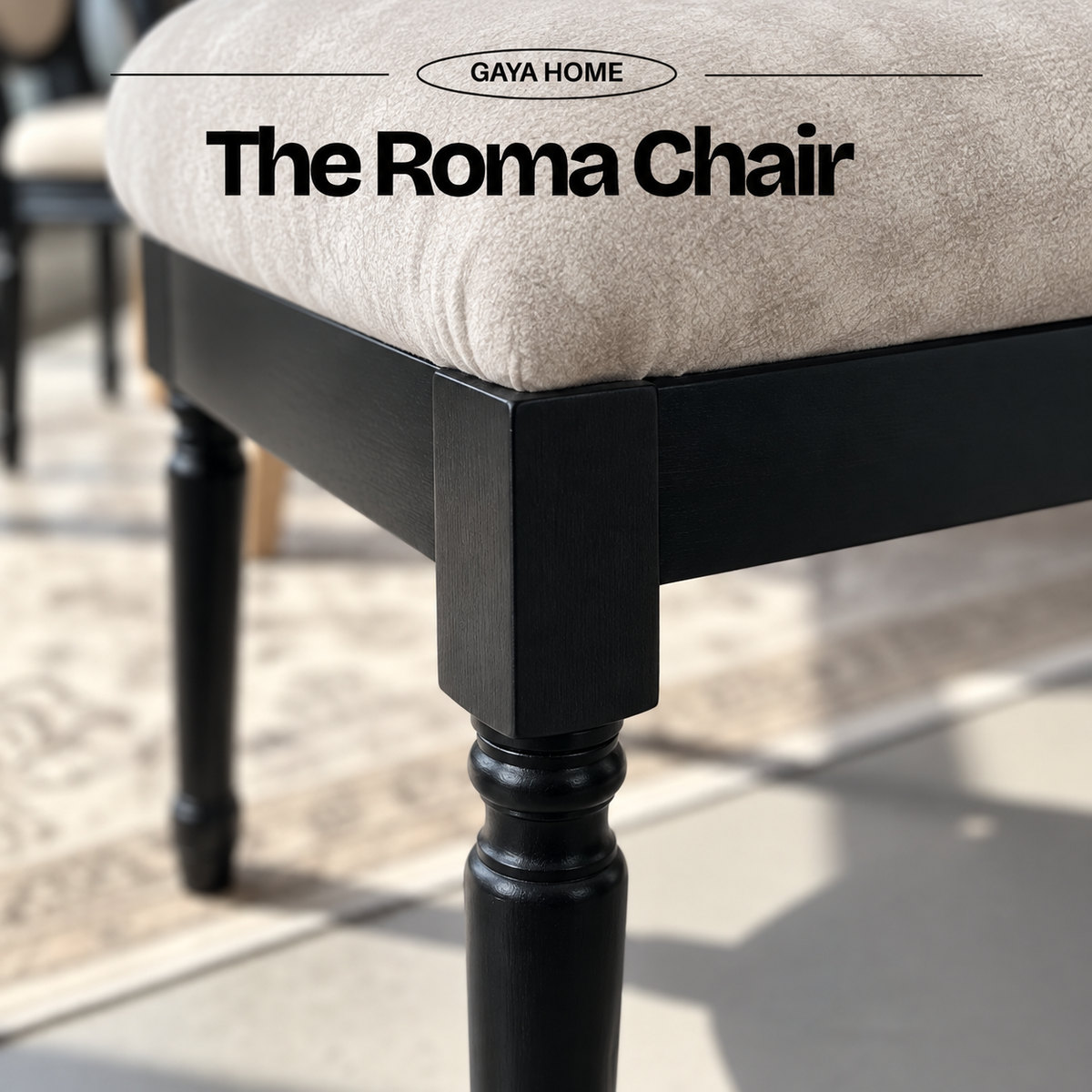 Close-up of Roma dining chair seat edge and turned front leg
