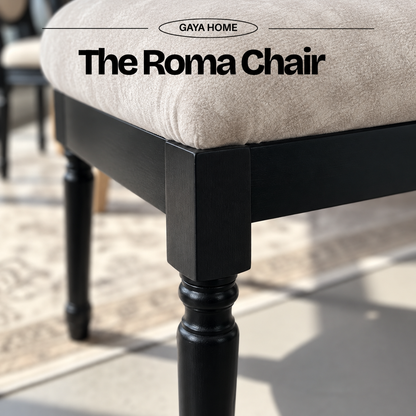 Close-up of Roma chair upholstery, seat frame and turned front leg