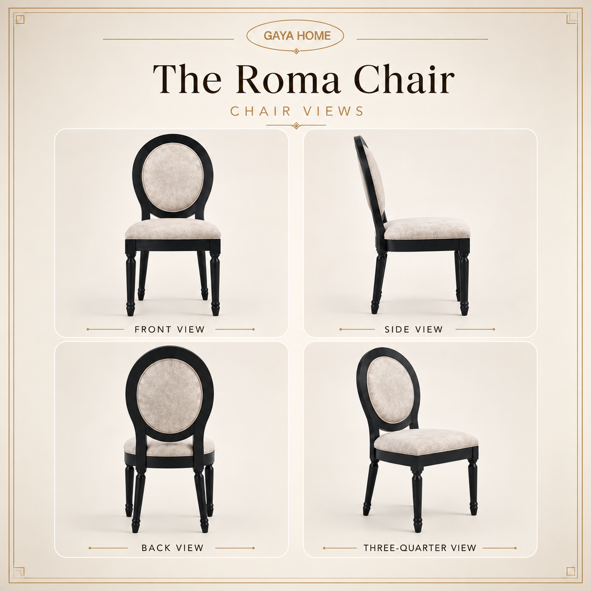 Roma dining chair shown from four angles