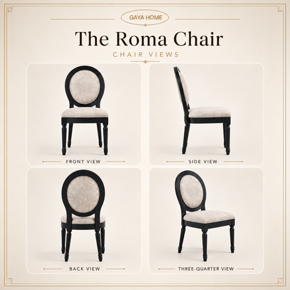 Roma chair front, side, rear and three-quarter views