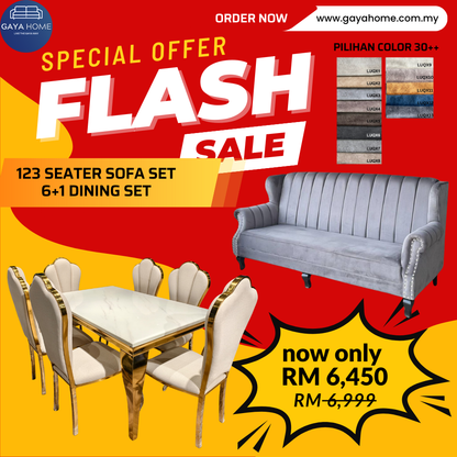 ⚡ COMBO PROMO GILER! Living + Dining Furniture Set | L-Shape Sofa + 6 Chair Dining | Jimat Banyak Bundle