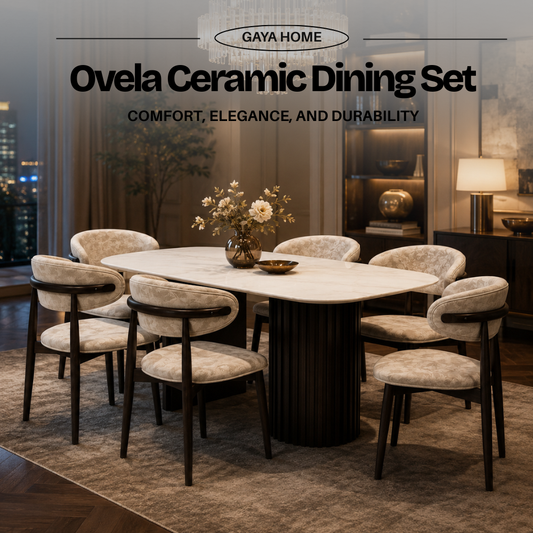 Ovela ceramic dining set with six chairs in a modern dining room