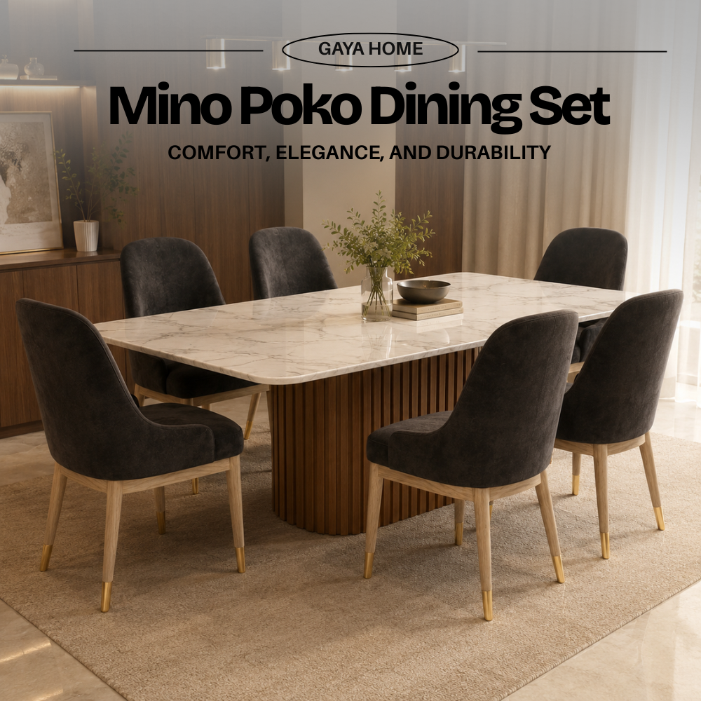 Mino Poko dining set with wooden base marble table and six dark upholstered chairs
