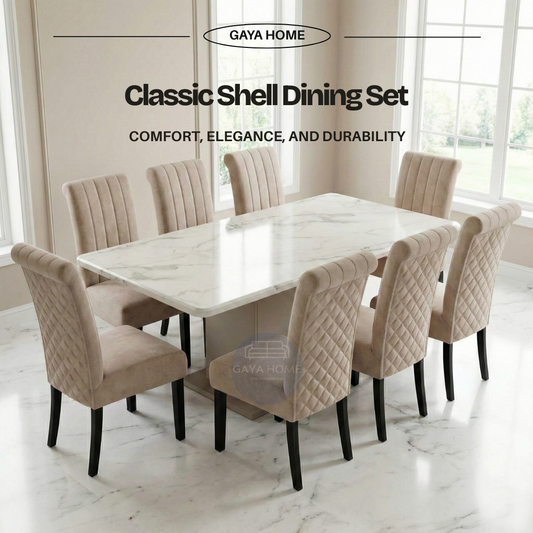 Classic Shell Dining Set | Premium Marble Top & Chesterfield Tufted Pedestal Table