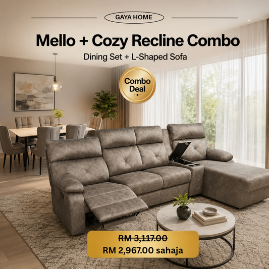 Mello and Cozy Recline sofa dining set combo deal with grey L-shaped recliner sofa