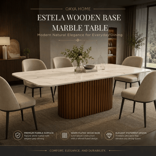 Estela Wooden Base Marble Dining Table (Ellipse-2401)