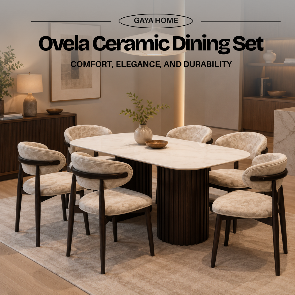 Ovela ceramic top dining table with six curved dining chairs