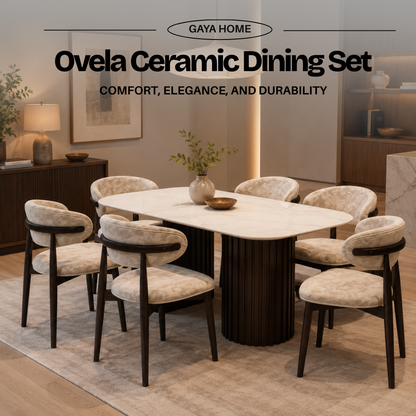 Ovela ceramic top dining table with six curved dining chairs