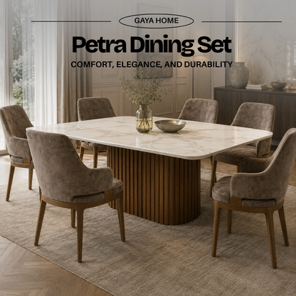 Petra dining set close room view with marble dining table and Axis upholstered chairs