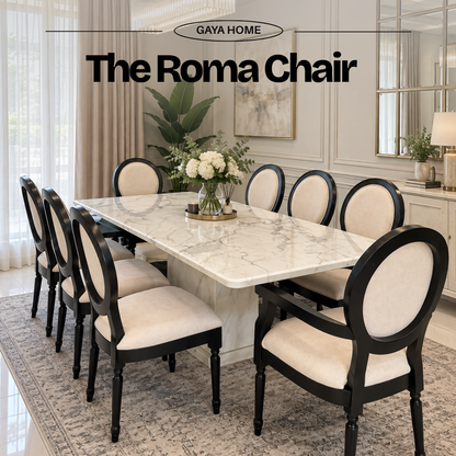 Roma dining arrangement with a pale rectangular table and oval-back dark-framed chairs