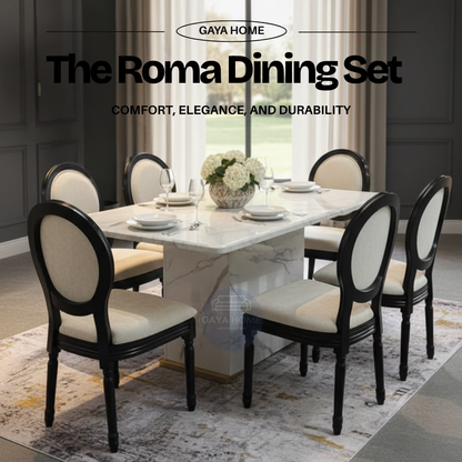 The Roma Dining Set | Luxury Marble Top Table with Neo-Classical Medallion Chairs
