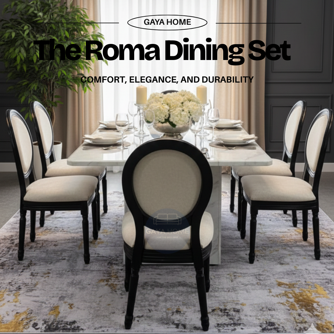 The Roma Dining Set | Luxury Marble Top Table with Neo-Classical Medallion Chairs
