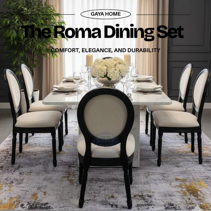 The Roma Dining Set | Luxury Marble Top Table with Neo-Classical Medallion Chairs