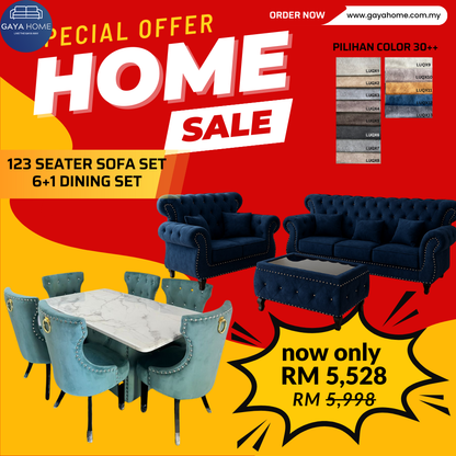 ⚡ COMBO PROMO GILER! Living + Dining Furniture Set | L-Shape Sofa + 6 Chair Dining | Jimat Banyak Bundle