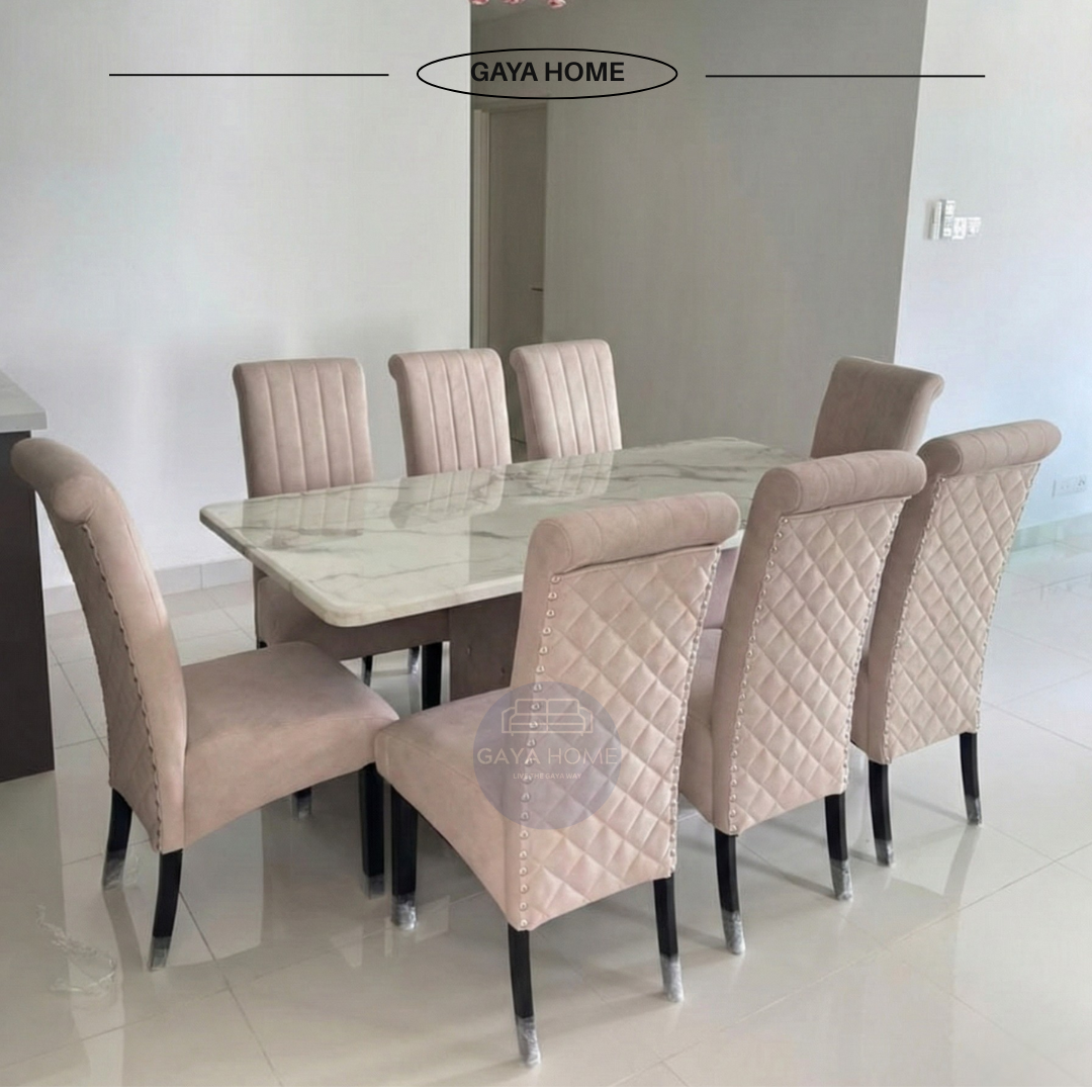 Classic Shell Dining Set | Premium Marble Top & Chesterfield Tufted Pedestal Table