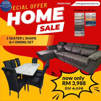⚡ COMBO PROMO GILER! Living + Dining Furniture Set | L-Shape Sofa + 6 Chair Dining | Jimat Banyak Bundle