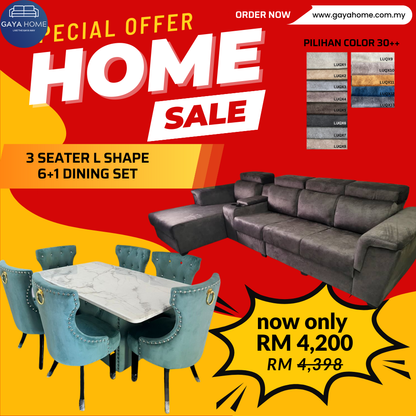 ⚡ COMBO PROMO GILER! Living + Dining Furniture Set | L-Shape Sofa + 6 Chair Dining | Jimat Banyak Bundle