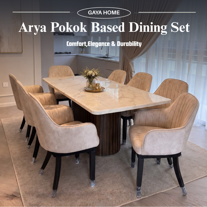 Arya dining chairs around a rectangular table with a fluted pedestal