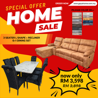 ⚡ COMBO PROMO GILER! Living + Dining Furniture Set | L-Shape Sofa + 6 Chair Dining | Jimat Banyak Bundle