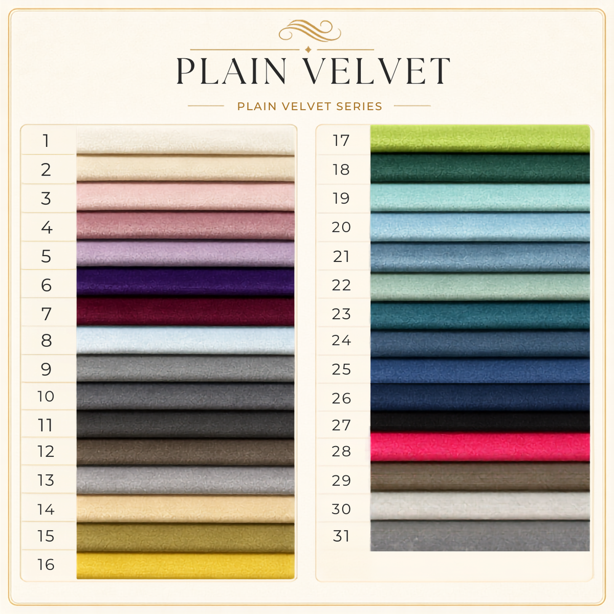 Plain Velvet fabric colour swatch chart with colours 1 to 31