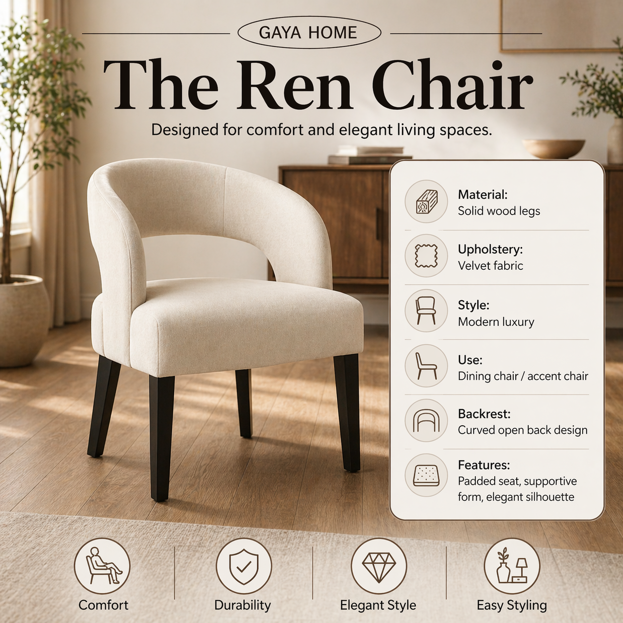 The Ren Chair (ST15) | Premium Curved Designer Accent Chair with Sculptural Cut-Out Back