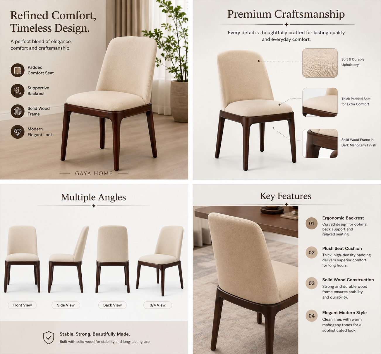 Arden Chair feature guide showing padded upholstery, supportive backrest and dark mahogany solid wood frame