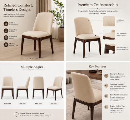 Arden Chair feature guide showing padded upholstery, supportive backrest and dark mahogany solid wood frame