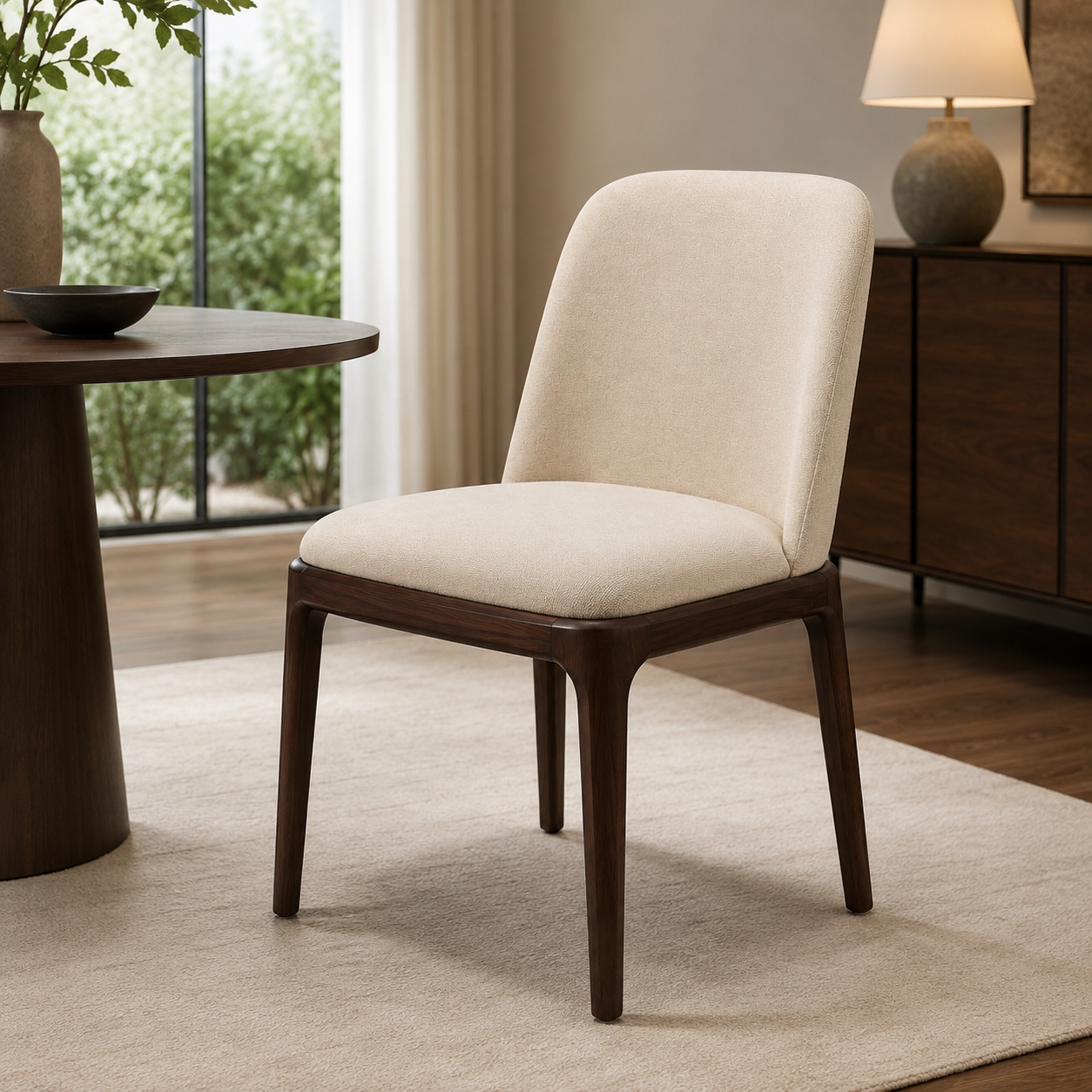 Arden upholstered dining chair with dark mahogany wood frame in a dining room