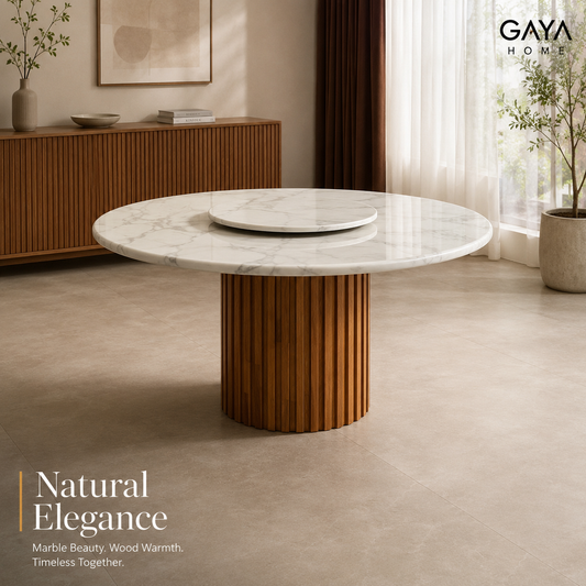 Siena round marble dining table with fluted wood base in a warm contemporary interior