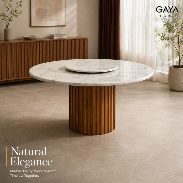 Siena Round Marble Dining Table with Fluted Wood Base
